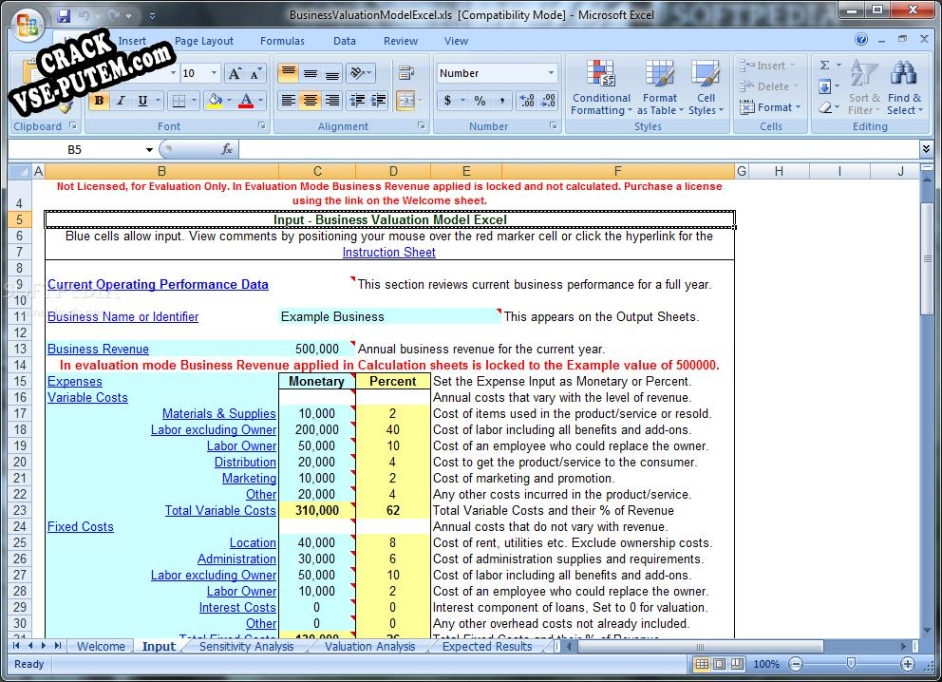 Crack для Business Valuation Model Excel
