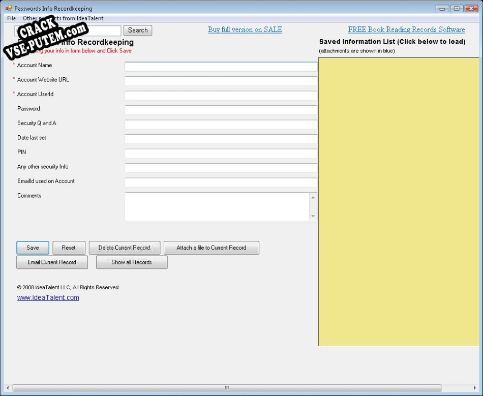 Passwords Info Recordkeeping и crack patch (взлом)