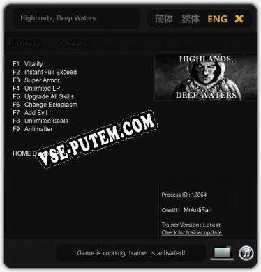 Highlands, Deep Waters: ТРЕЙНЕР И ЧИТЫ (V1.0.40)