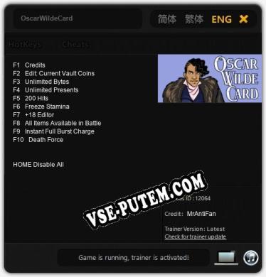 OscarWildeCard: Трейнер +10 [v1.8]