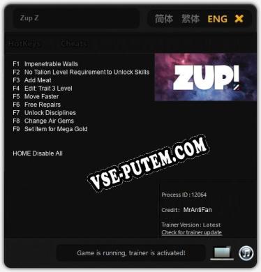 Трейнер для Zup Z [v1.0.8]